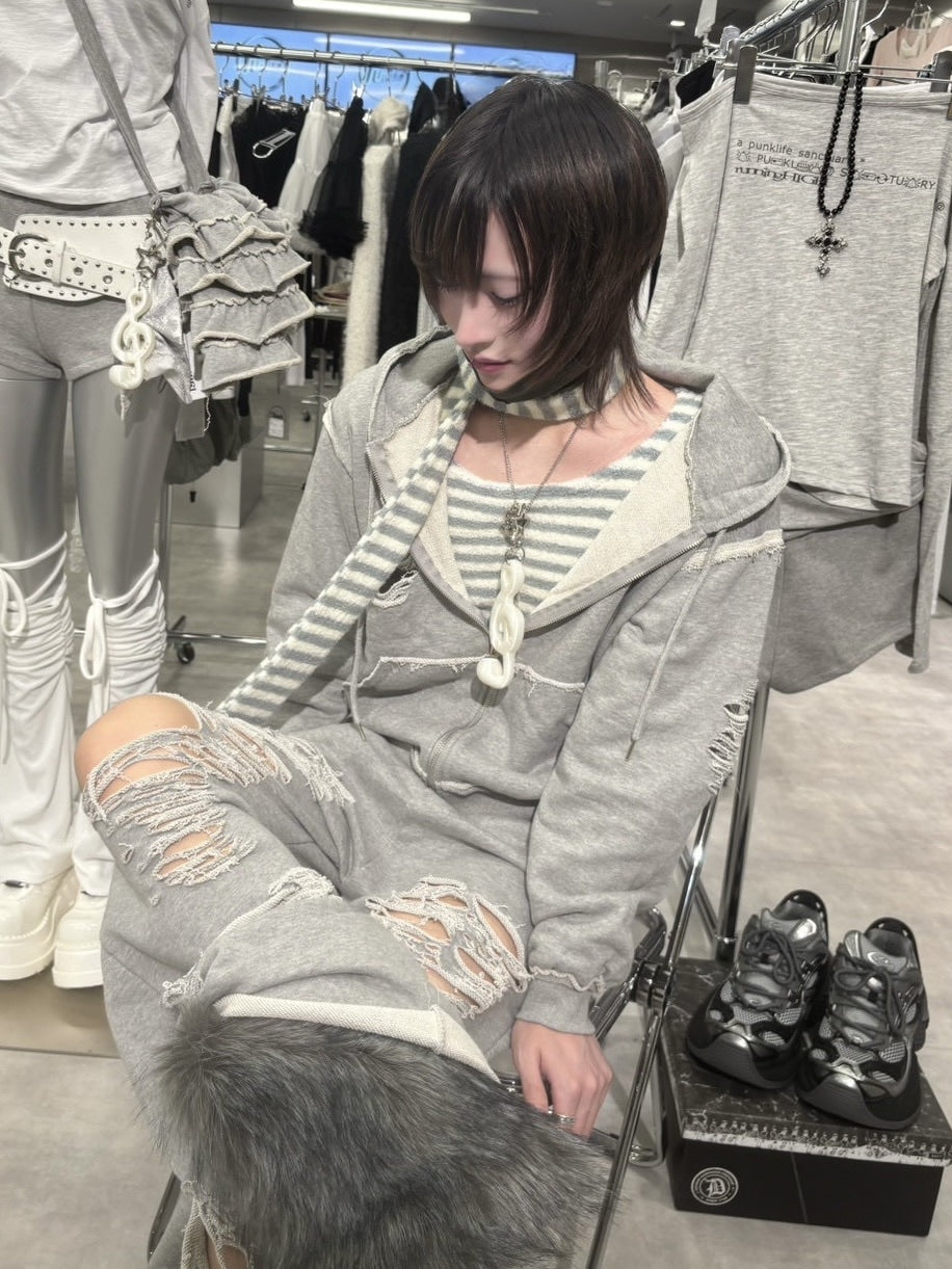 【nmtc +】damage cropped zip up hoodie / 【エヌエムティーシープラス】ダメージクロップドジップパーカー (2color)