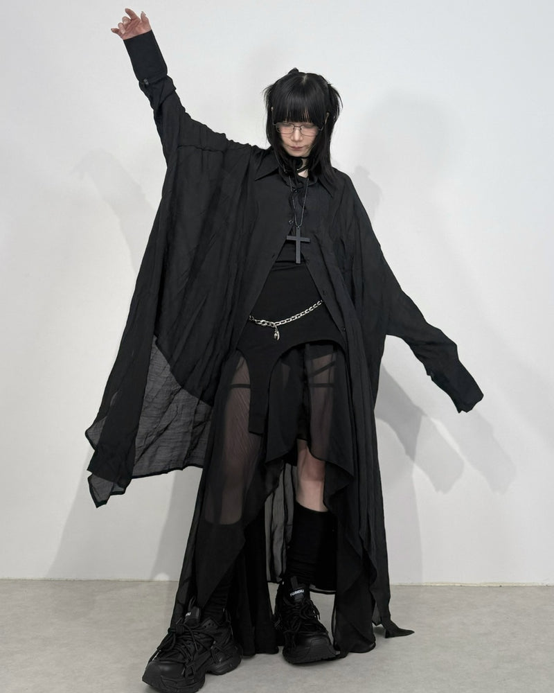国際配送【Nerd out XU】asymmetry long sheer shirt