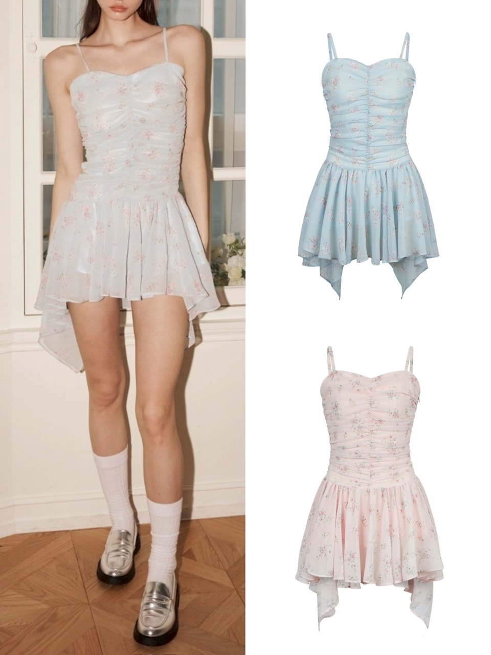 【ODDONEOUT】FLOWER SHIRRING ONE PIECE / 【オッドワンアウト】フラワーシャーリングキャミソールワンピース