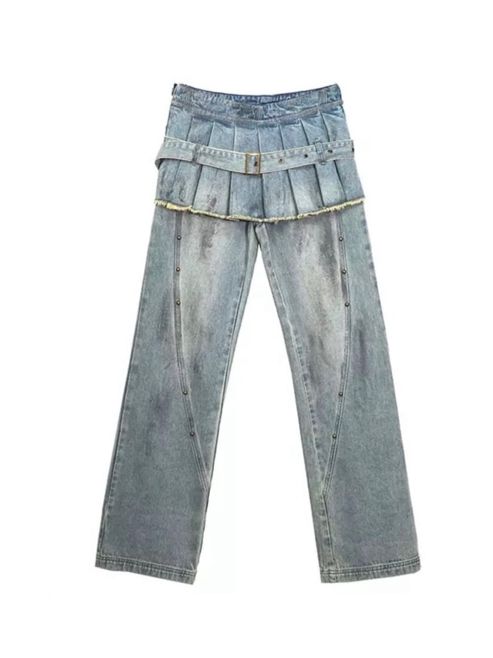 【Cest Nous】Dirty Wash Blue Denim Jeans / 【セヌー】ダーティーウォッシングスカートレイヤードデニムパンツ