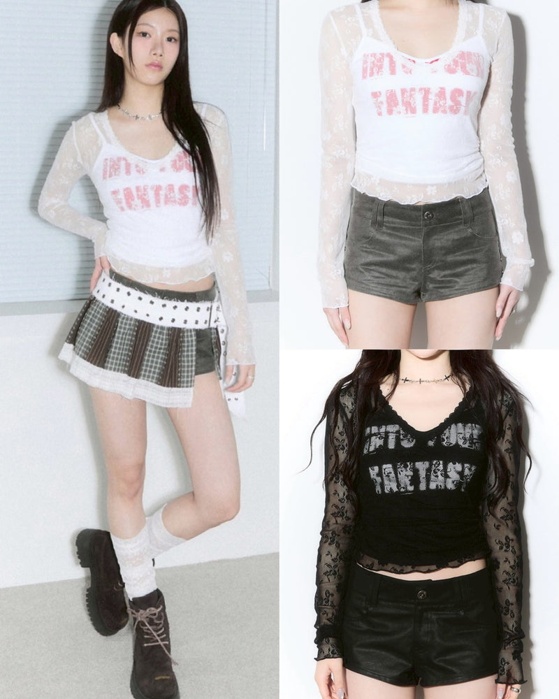 【CHERRYQUIRI】seethrough v neck shirring sleeve