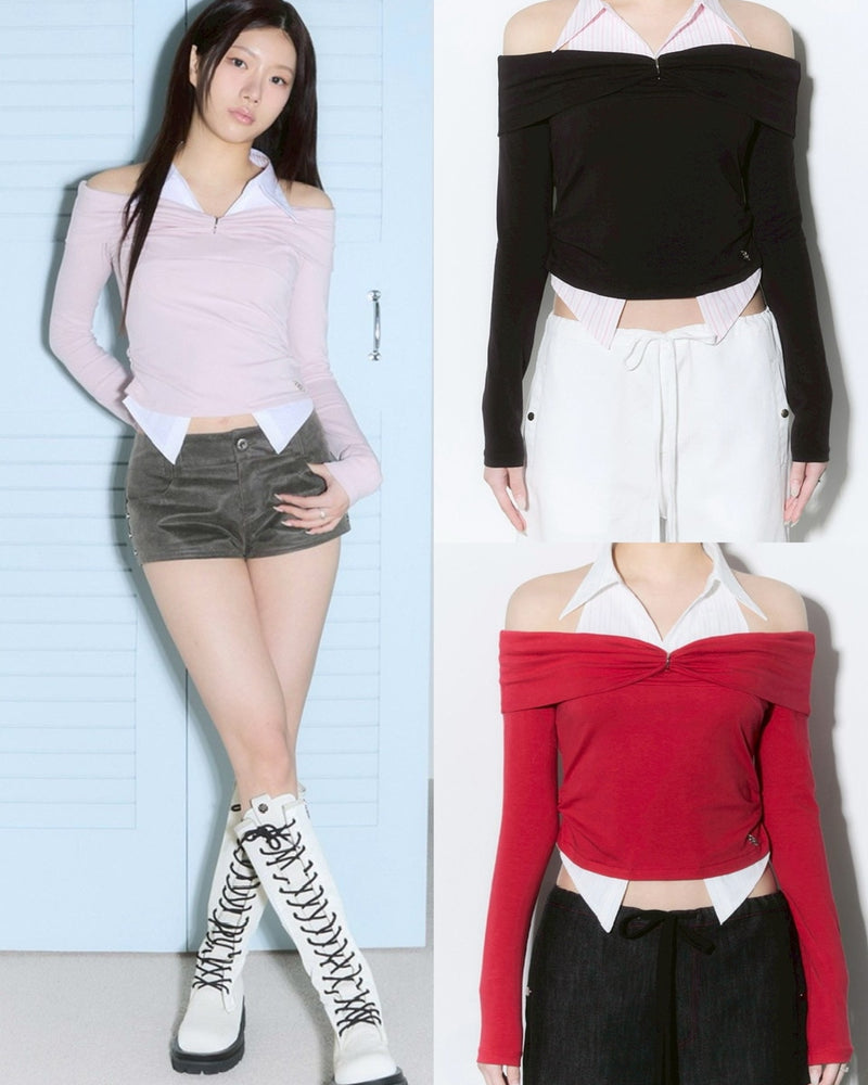 【CHERRYQUIRI】shirts layered off shoulder top
