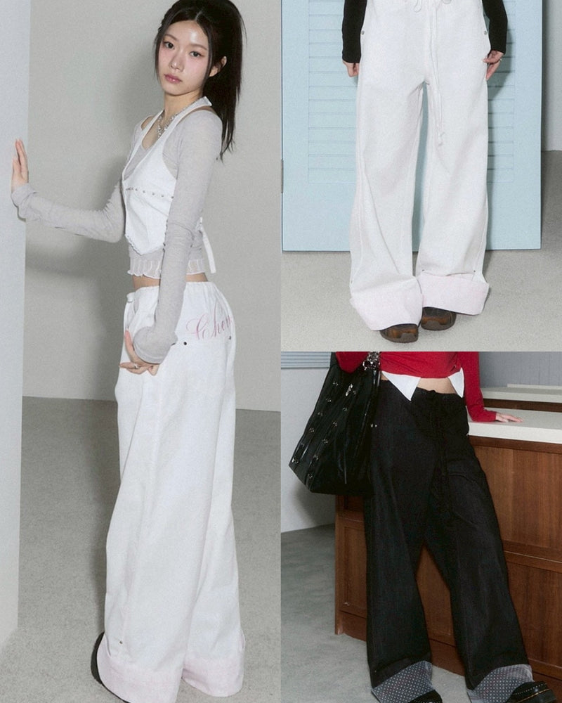 【CHERRYQUIRI】lace layered roll up denim / 【チェリーキュリー】レースレイヤードロールアップデニムパンツ