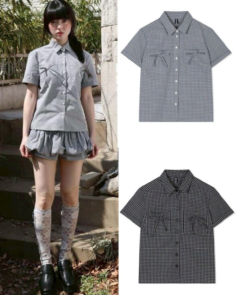 【Uglyshadow】CHECK RIBBON SHIRTS