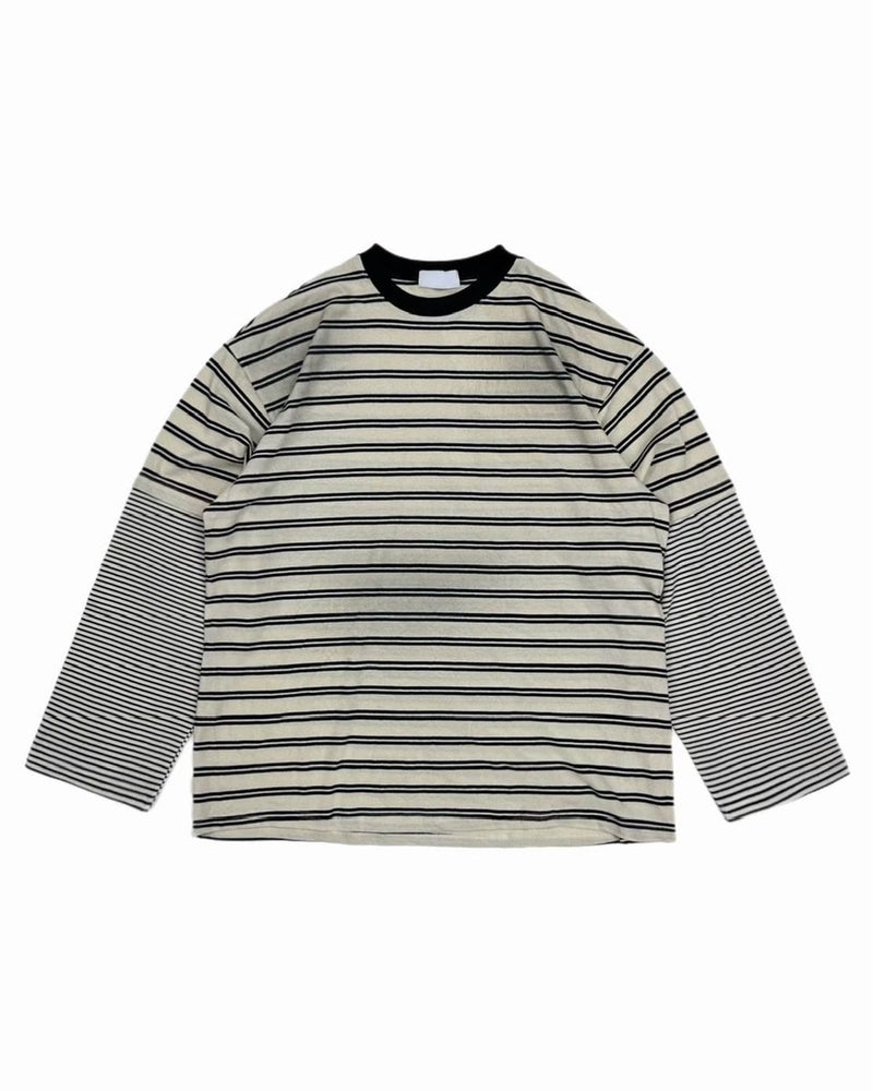 【Chikashitsu +】oversized layered border washed long sleeve / 【チカシツプラス】オーバーサイズウォッシュドレイヤードボーダー長袖Tシャツ(2color)