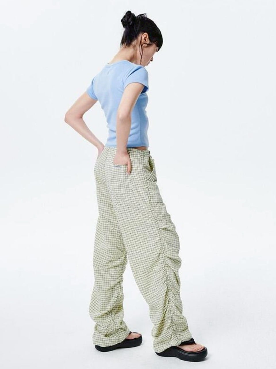 【runningHIGH】CHECK SHIRRING PARACHUTE PANTS