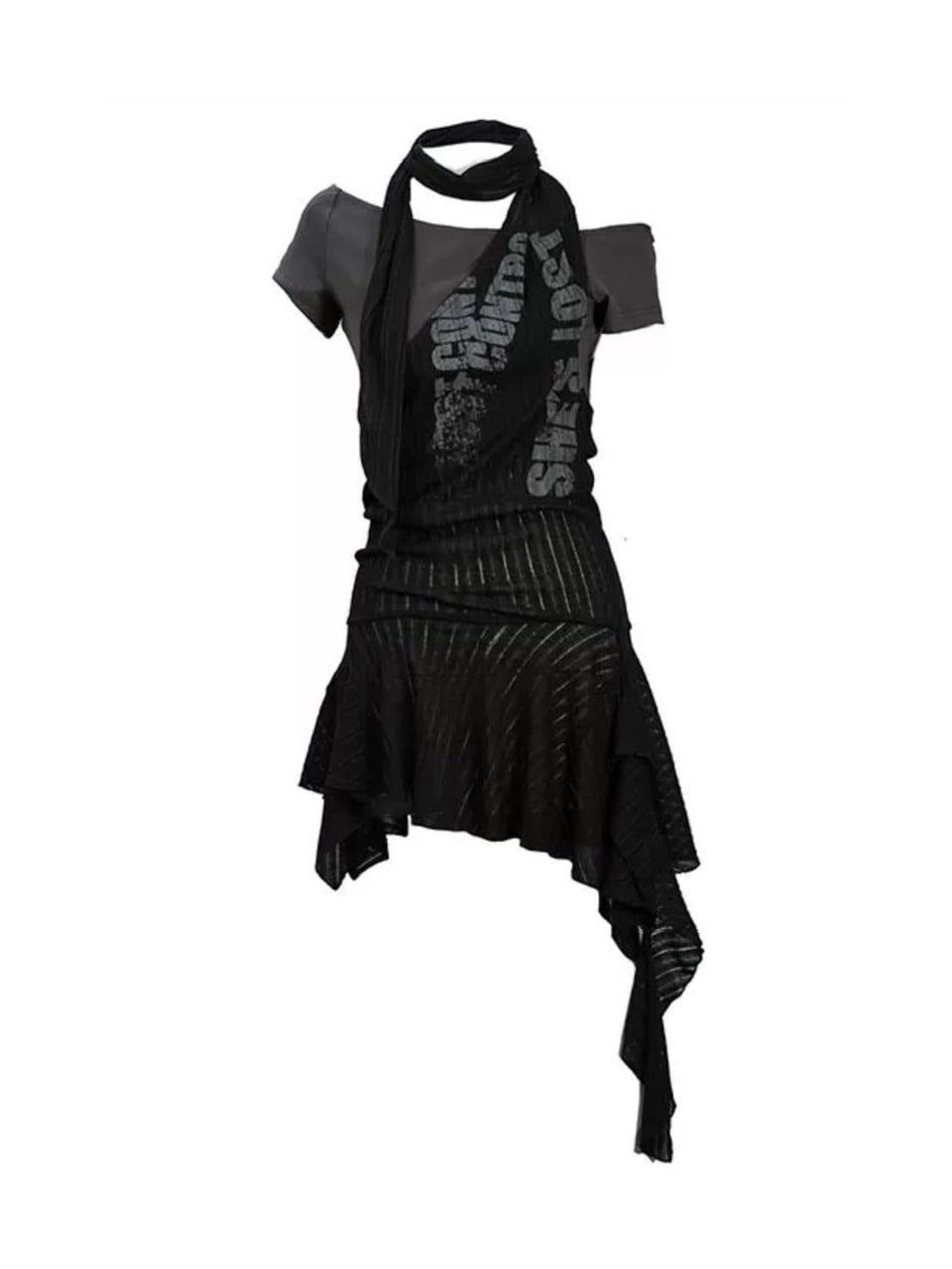 【Cest Nous】Black and Gray Short-sleeved T-shirts / 【セヌー】クロップ半袖Tシャツシアーチュニックレイヤードトップス