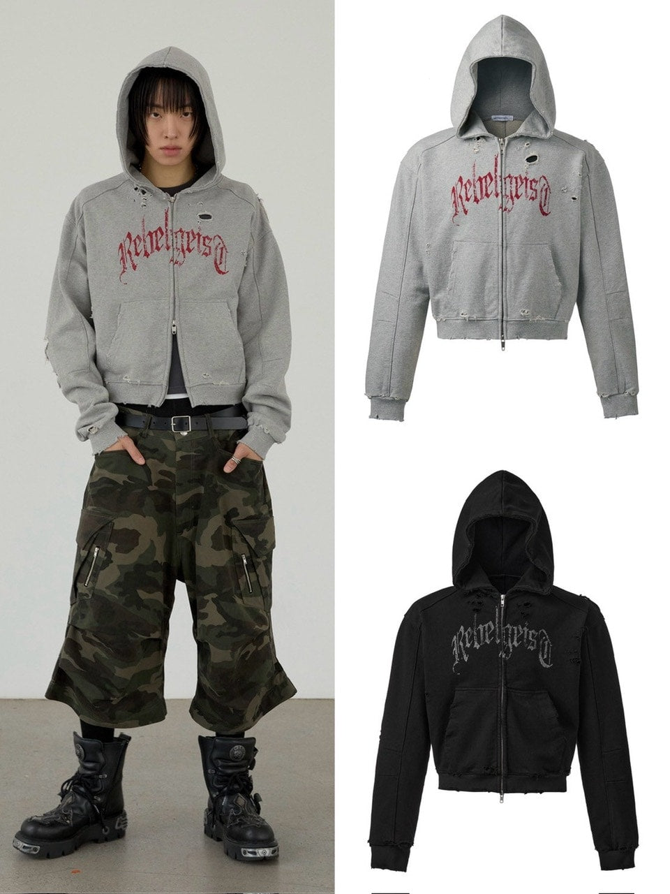 【ANOTHERYOUTH】damaged crop zip-up hoodie