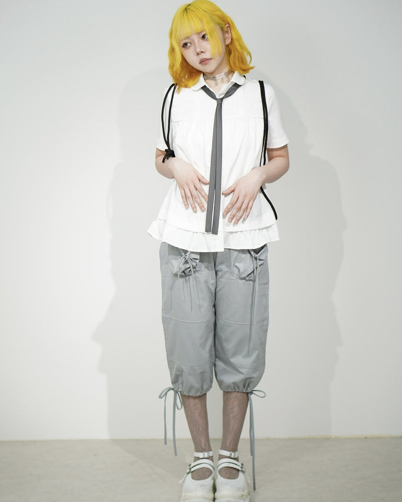 国際配送【Nerd out XU】ribbon string shorts (2color) / 【ナードアウトエックスユー】リボンストリングワイドハーフパンツ