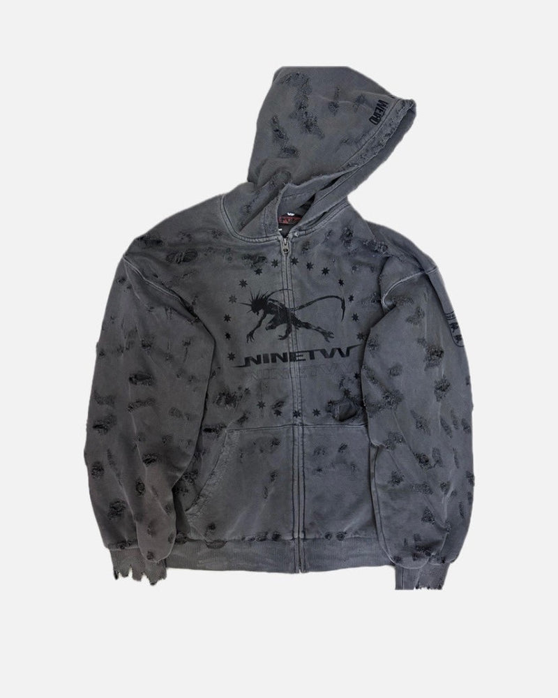 【F.V.V.O】9TW REMAKE RIPPED FADED ZIP-UP HOODIE
