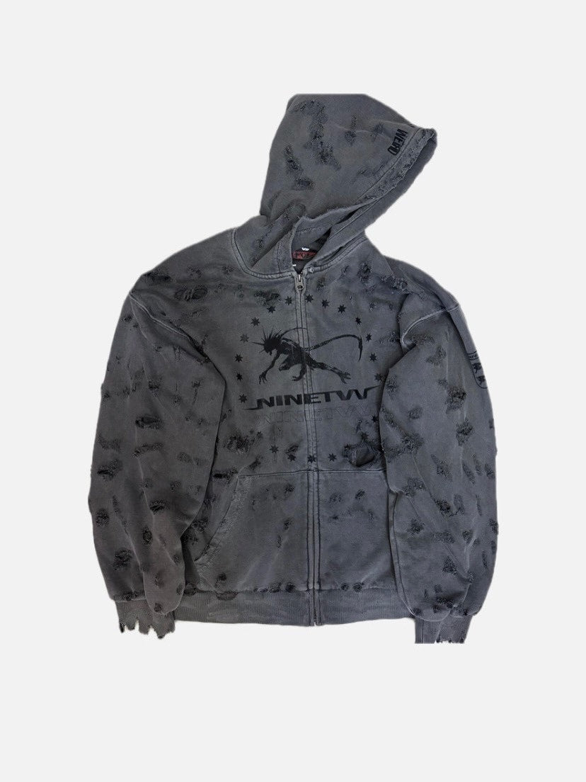 【F.V.V.O】9TW REMAKE RIPPED FADED ZIP-UP HOODIE