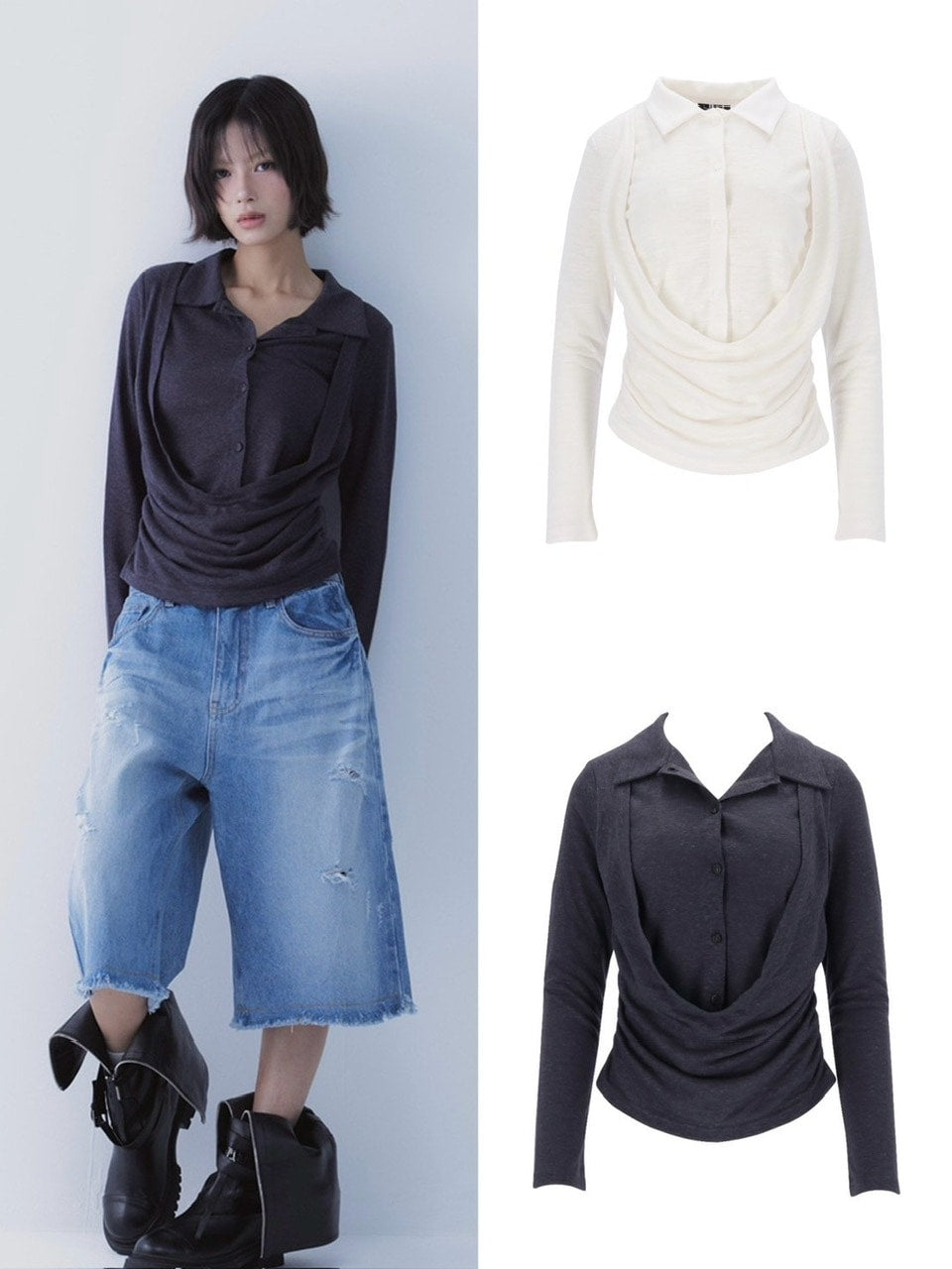 【SETSETSET】DRAPE SHIRT TOP