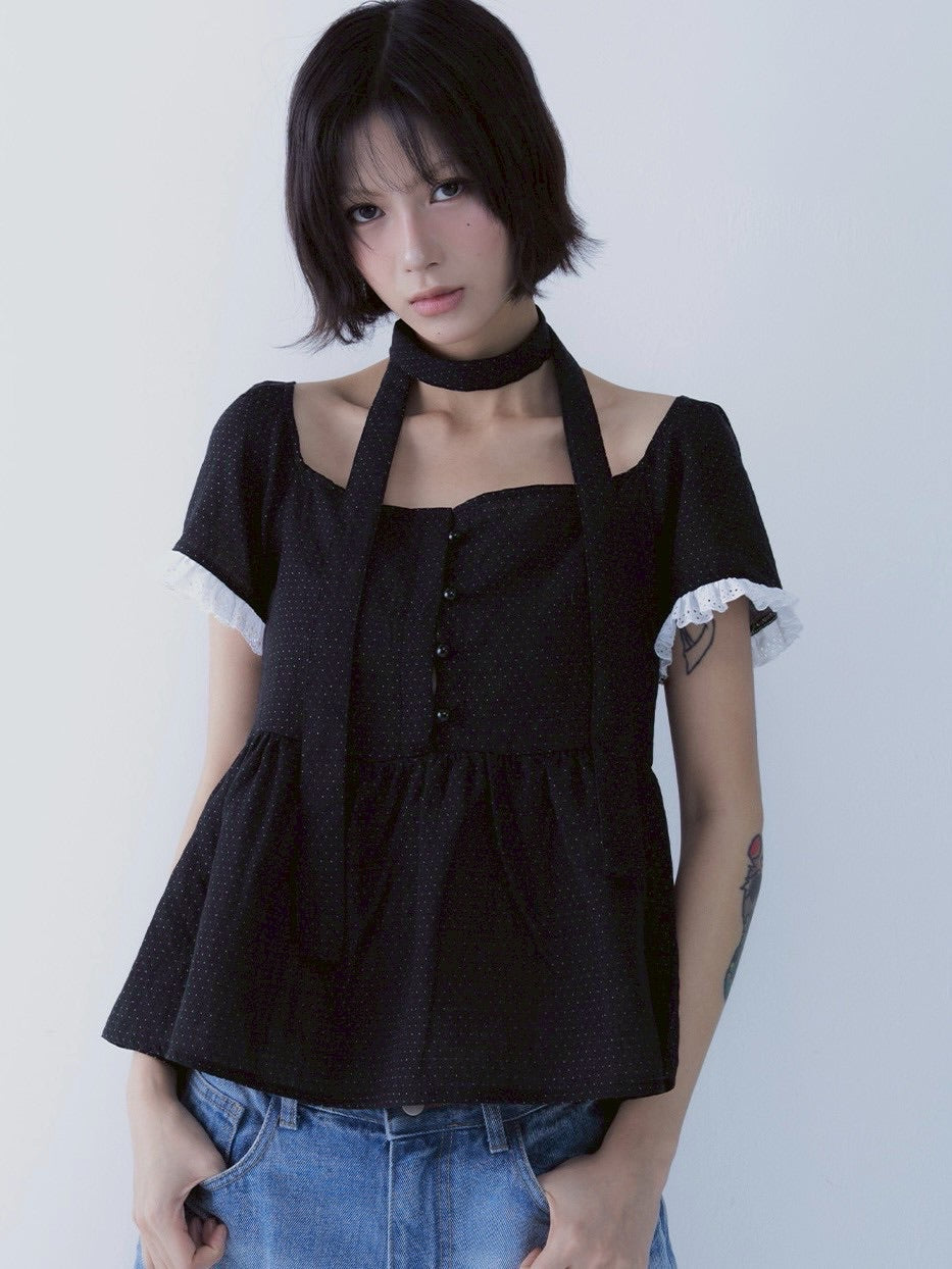 【SETSETSET】DOT MUFFLER FLARED BLOUSE