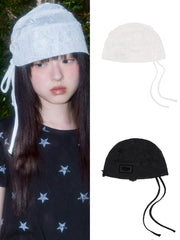 【FANCY CLUB】Lace Ribbon Shirring Beanie / 【ファンシークラブ】レースリボンシャーリングニット帽子