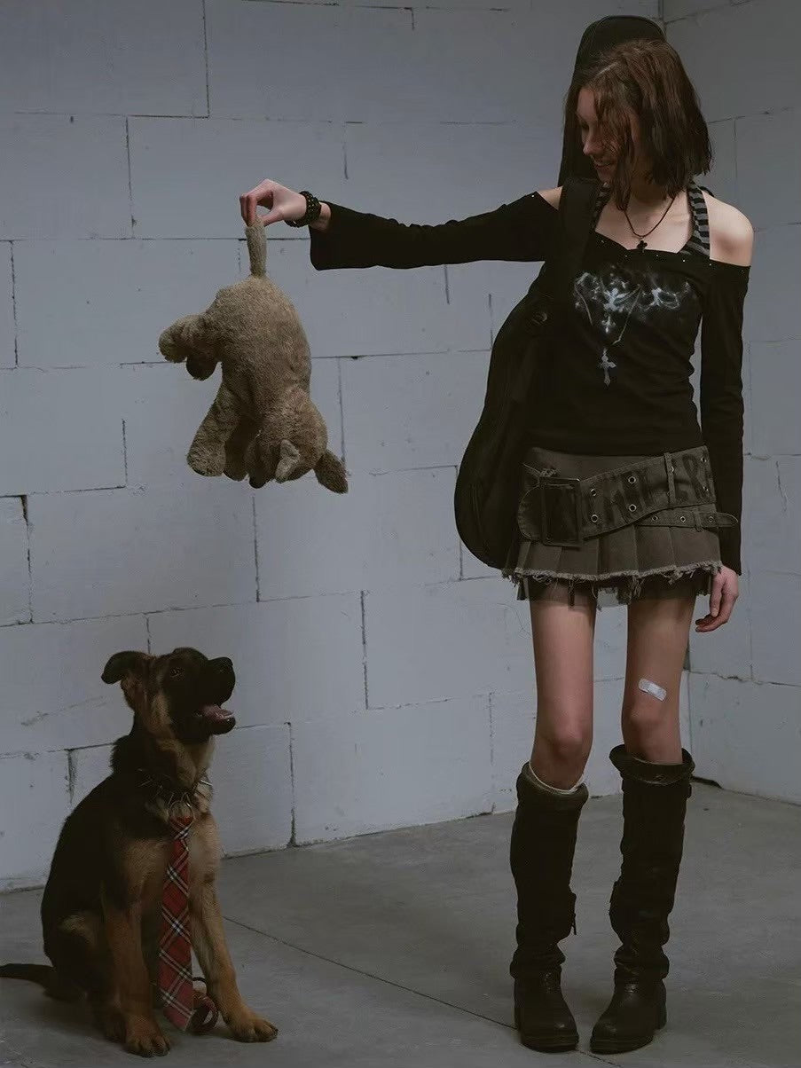 【Cest Nous】Printed Belted Pleated Skirt