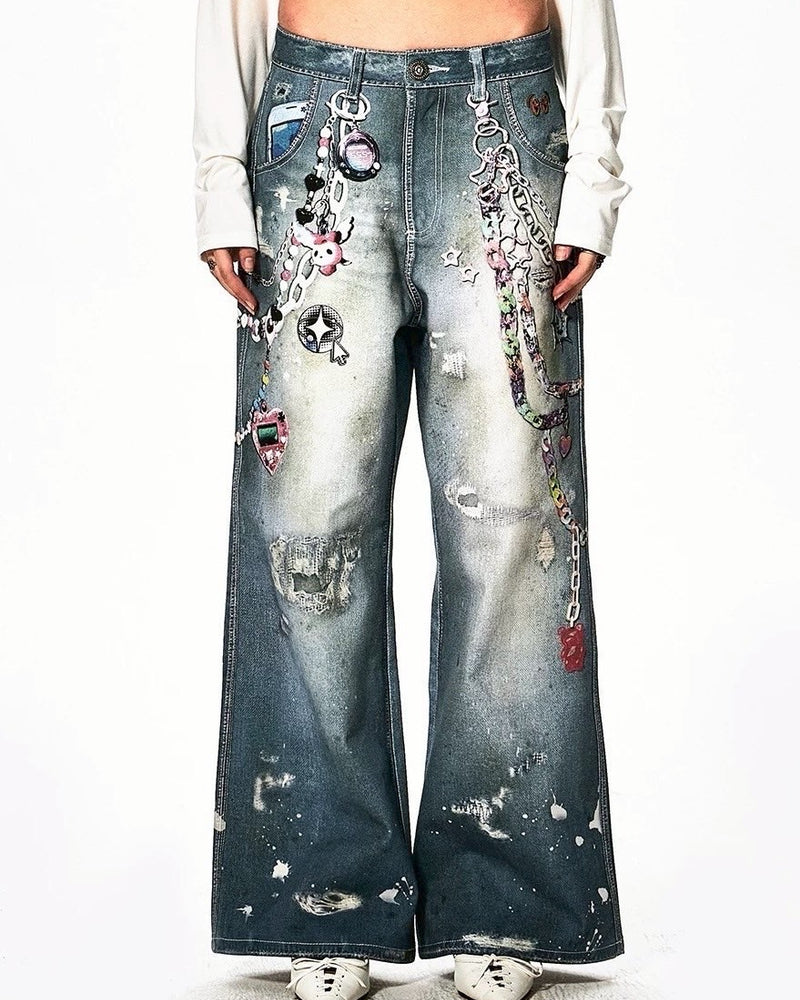 【DND4DES】Y2K CARTOON PENDANTS PRINT PANTS