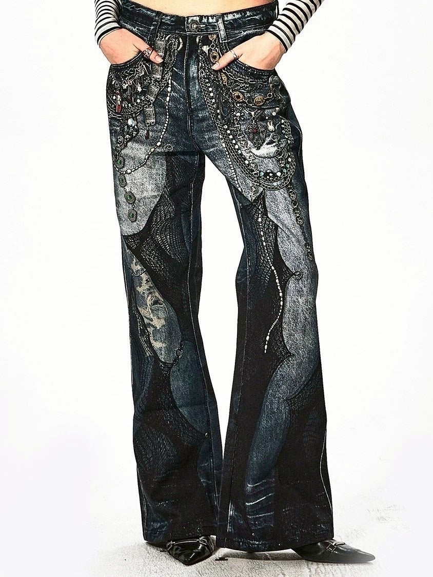 【DND4DES】CHAIN LACE PATCHWORK FLARED JEANS