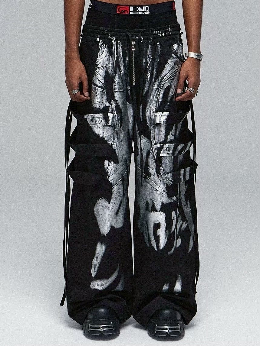 【DND4DES】 MULTI-LAYERED STRIPED GRAFFITI CARGO PANTS