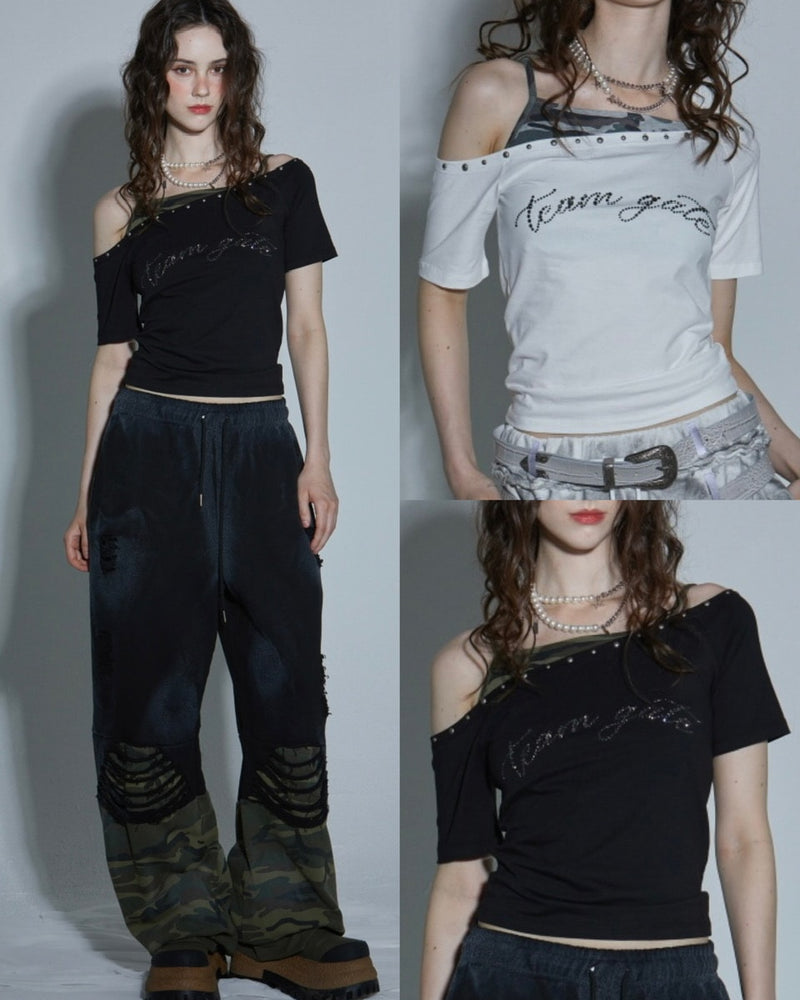 【GATELESS】LAYERED CAMI OFF-SHOULDER T-SHIRT / 【ゲートレス】レイヤードキャミソールオフショルダーTシャツ