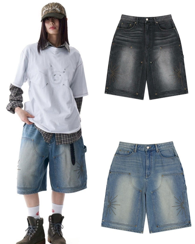 【AAKAM】Washed Double Knee Bermuda Denim Pants