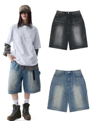 【AAKAM】Washed Double Knee Bermuda Denim Pants