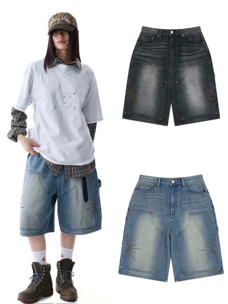 【AAKAM】Washed Double Knee Bermuda Denim Pants