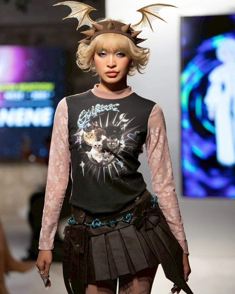 【La Lune】PALA TOP / 【ラリュンヌ】キャットグラフィックデザインレース長袖Tシャツ