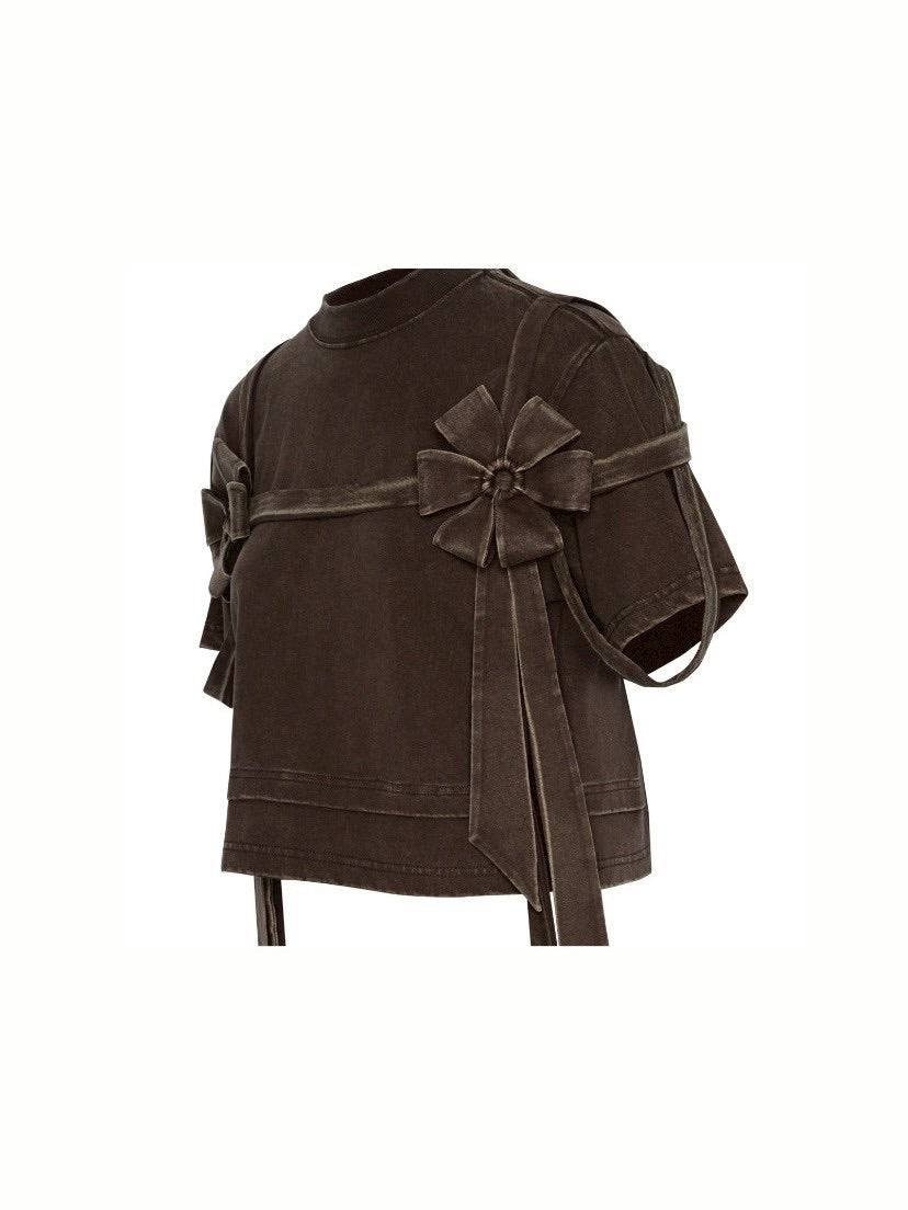 【La Lune】EARTHY TOP / 【ラリュンヌ】ビンテージフェイクレイヤードリボン半袖Tシャツ