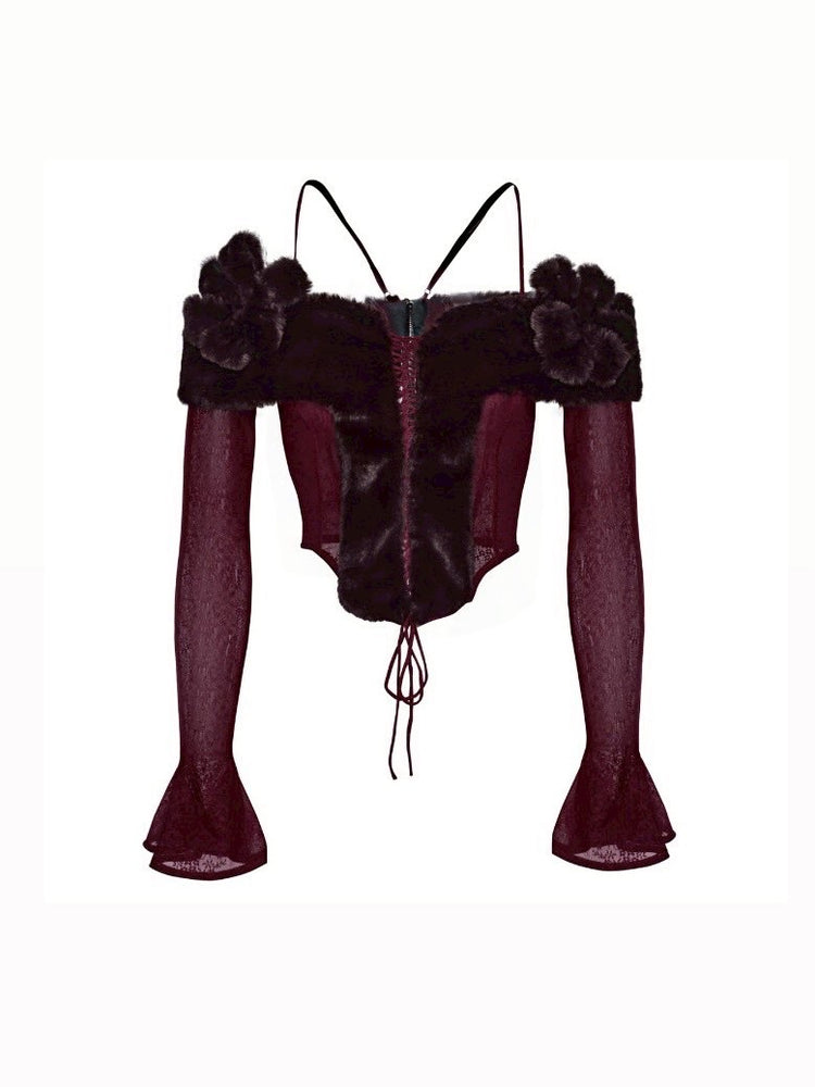 【La Lune】BLOOD MOON TOP / 【ラリュンヌ】ファーフラワーコルセットレースオフショルダー長袖トップス