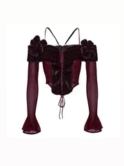 【La Lune】BLOOD MOON TOP / 【ラリュンヌ】ファーフラワーコルセットレースオフショルダー長袖トップス