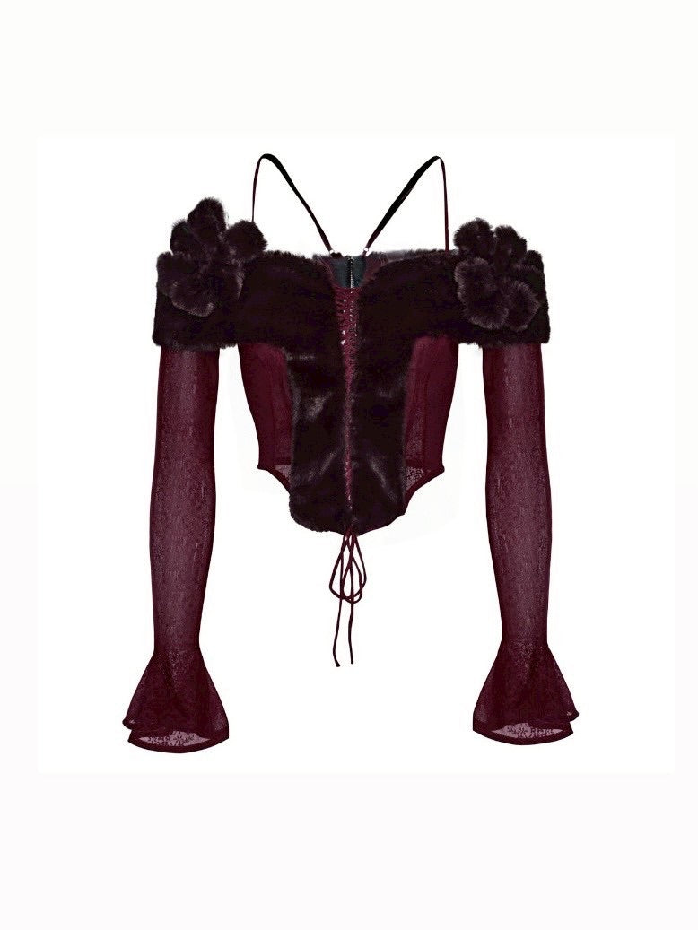 【La Lune】BLOOD MOON TOP / 【ラリュンヌ】ファーフラワーコルセットレースオフショルダー長袖トップス