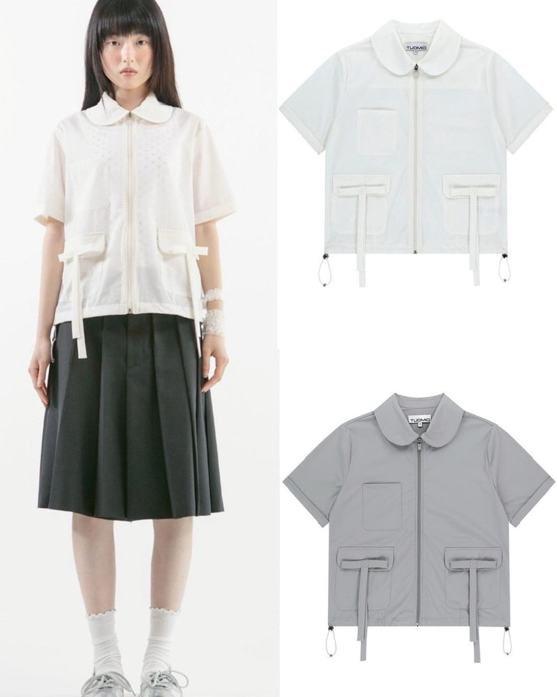【TUOMIO】ROUND COLLAR NYLON ZIP-UP / 【トゥオミオ】ラウンドカラーナイロン半袖シャツジャケット