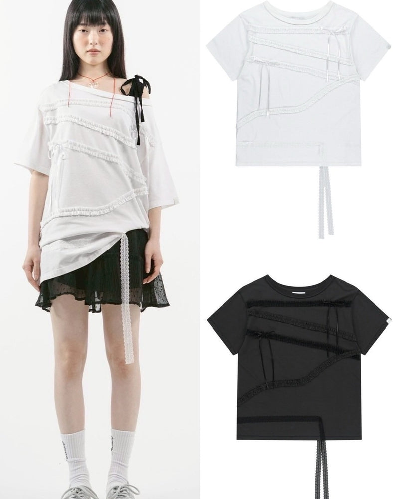 【TUOMIO】LACE STRAP OVERSIZED T-SHIRT / 【トゥオミオ】レースストラップオーバーサイズ半袖Tシャツ