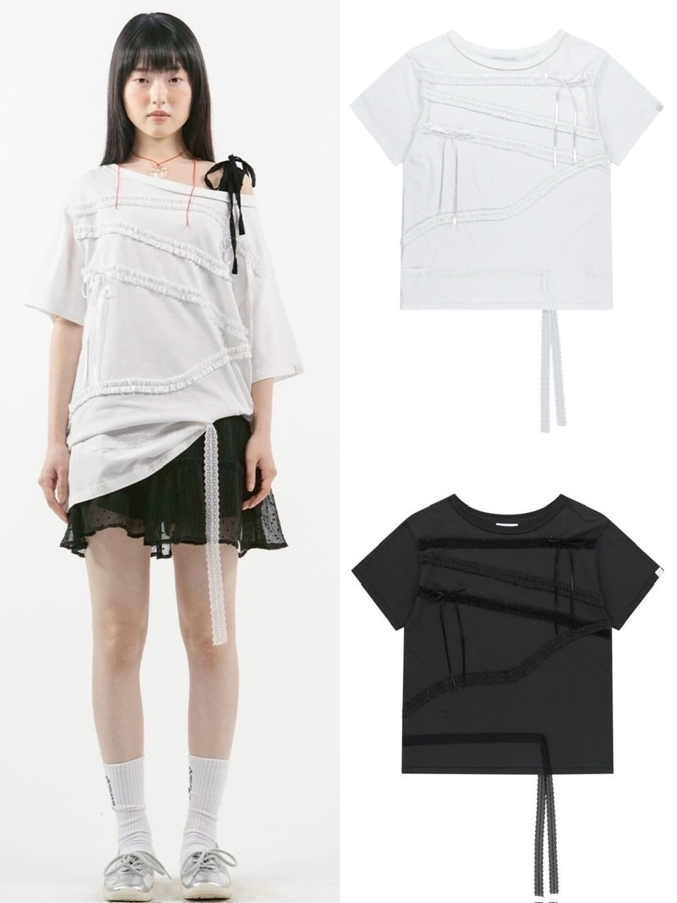 【TUOMIO】LACE STRAP OVERSIZED T-SHIRT / 【トゥオミオ】レースストラップオーバーサイズ半袖Tシャツ