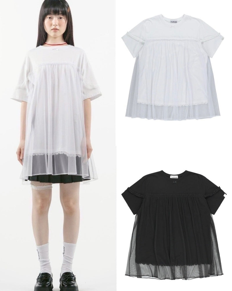 【TUOMIO】MESH LAYERED LACE T-SHIRT / 【トゥオミオ】メッシュレイヤードレース半袖Tシャツ