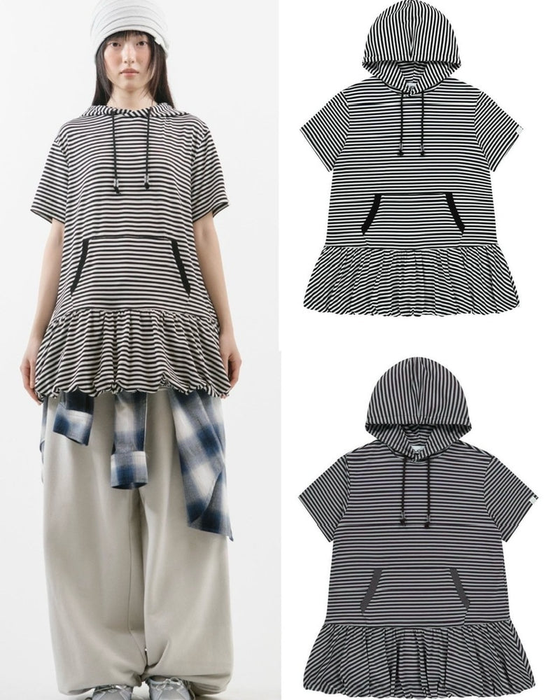 【TUOMIO】STRIPE BALLOON HOOD DRESS / 【トゥオミオ】ストライプバルーンフードワンピース