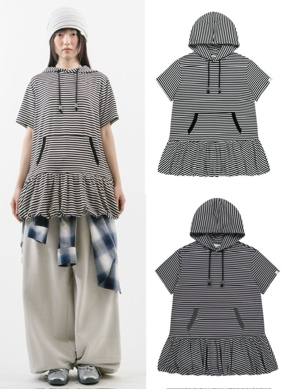【TUOMIO】STRIPE BALLOON HOOD DRESS / 【トゥオミオ】ストライプバルーンフードワンピース