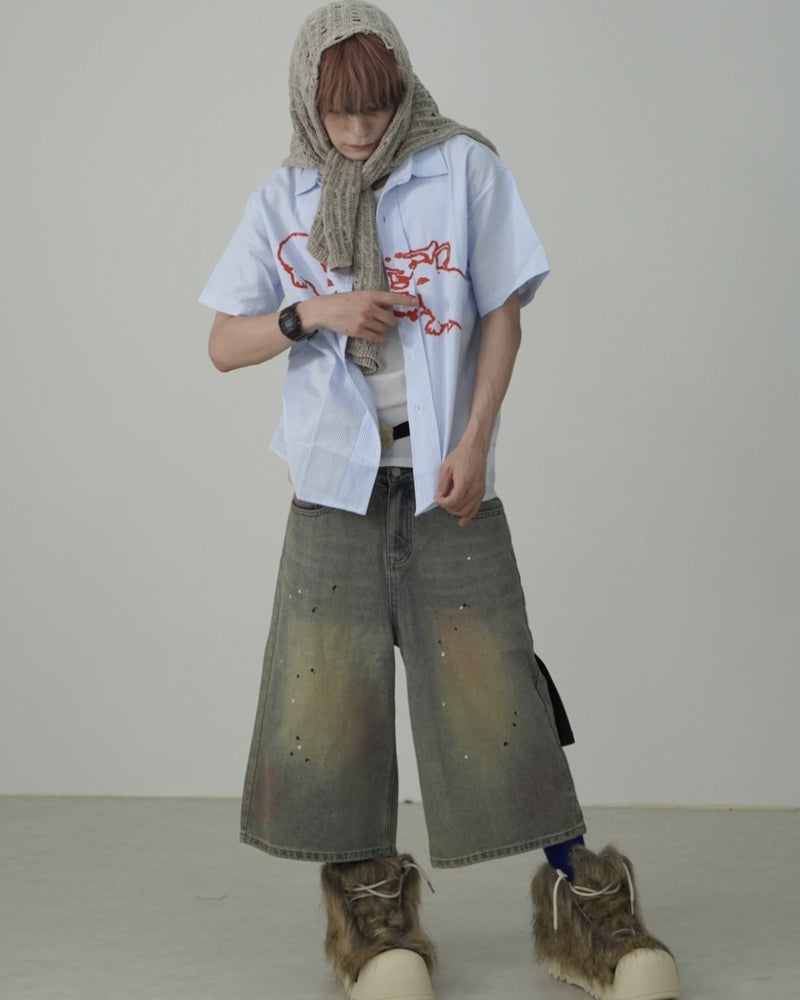 国際配送【Nerd out XU】pink washed seven quarte denim pants / 【ナードアウトエックスユー】ピンクウォッシュドワイドハーフパンツ