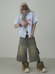 国際配送【Nerd out XU】pink washed seven quarte denim pants / 【ナードアウトエックスユー】ピンクウォッシュドワイドハーフパンツ