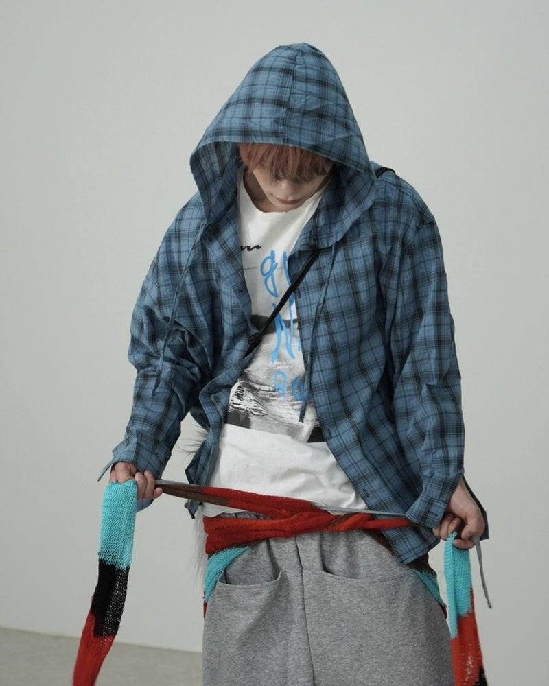 国際配送【Nerd out XU】oversized hood check shirt (2color) / 【ナードアウトエックスユー】オーバーサイズフードチェック長袖シャツ