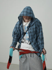 国際配送【Nerd out XU】oversized hood check shirt (2color) / 【ナードアウトエックスユー】オーバーサイズフードチェック長袖シャツ
