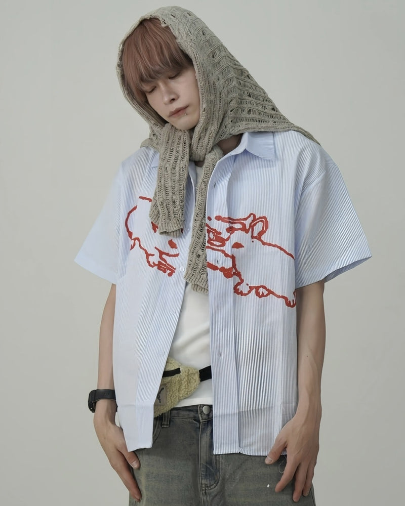 国際配送【Nerd out XU】rabbit stripe short sleeve shirt / 【ナードアウトエックスユー】ラビットプリントストライプボーダー半袖シャツ