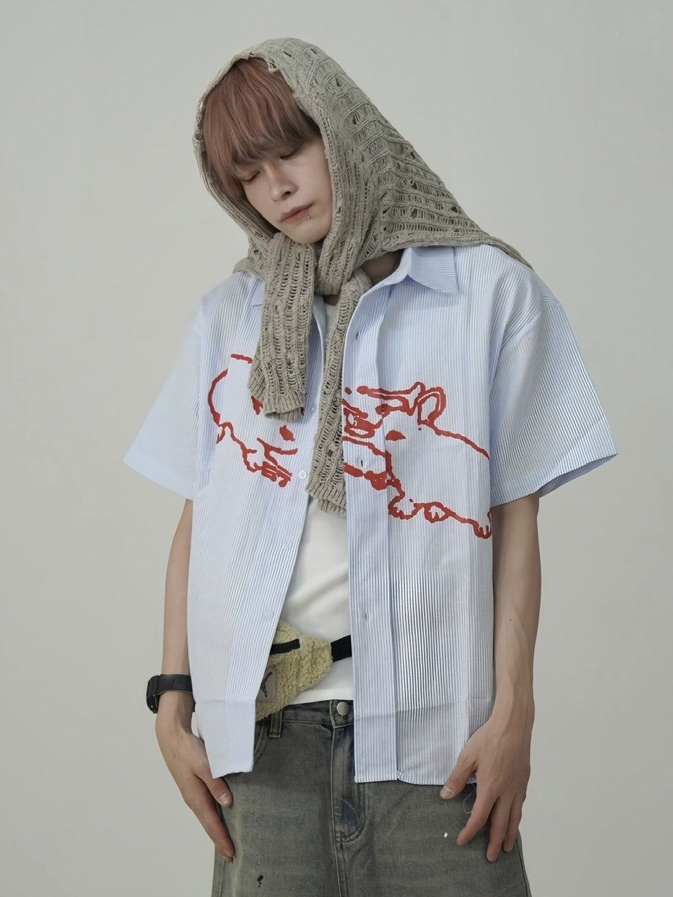 国際配送【Nerd out XU】rabbit stripe short sleeve shirt / 【ナードアウトエックスユー】ラビットプリントストライプボーダー半袖シャツ