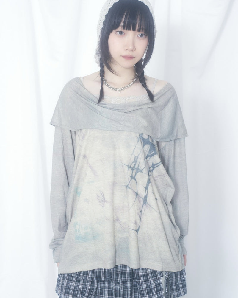 国際配送【Nerd out XU】tribal hooded off shoulder long sleeve / 【ナードアウトエックスユー】トライバルフードオフショルダーロングスリーブ