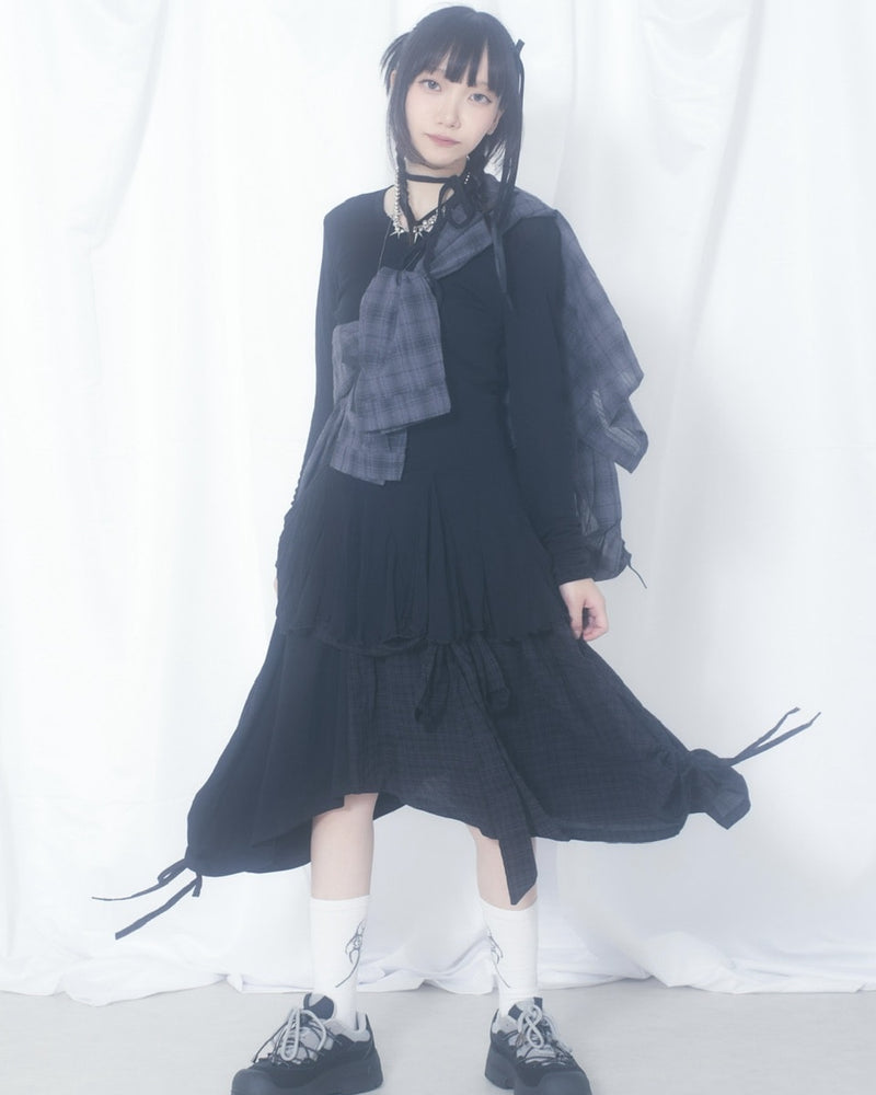 国際配送【Nerd out XU】docking ribbon check asymmetry skirt