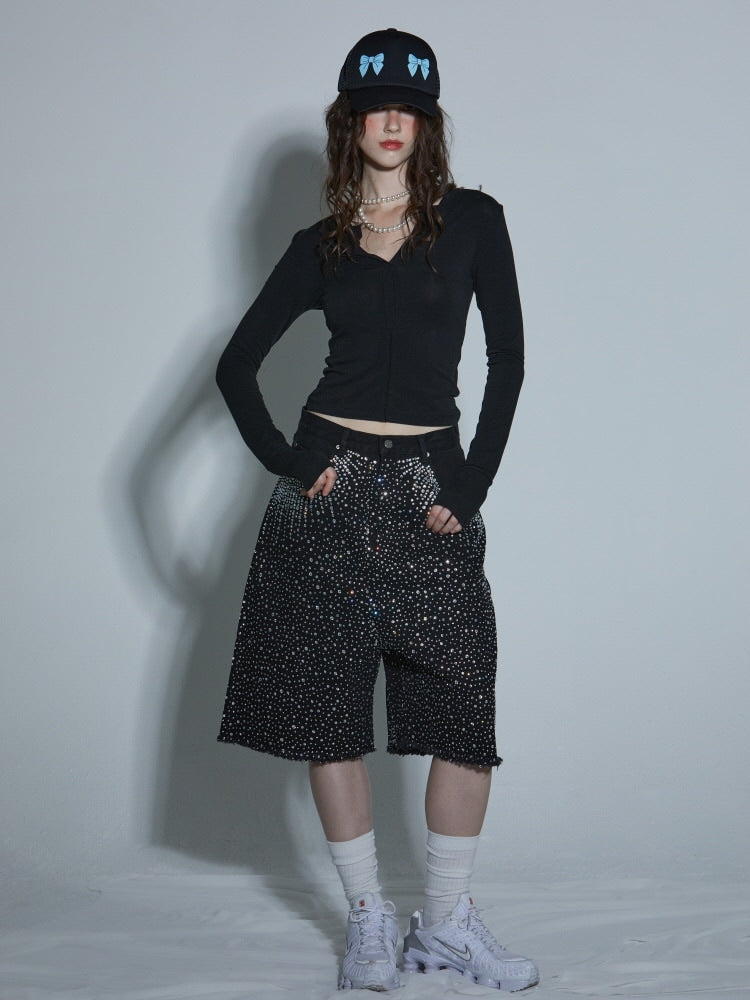 【GATELESS】RHINESTONE FRINGE DENIM HALF PANTS / 【ゲートレス】ラインストーンフリンジデニムハーフパンツ