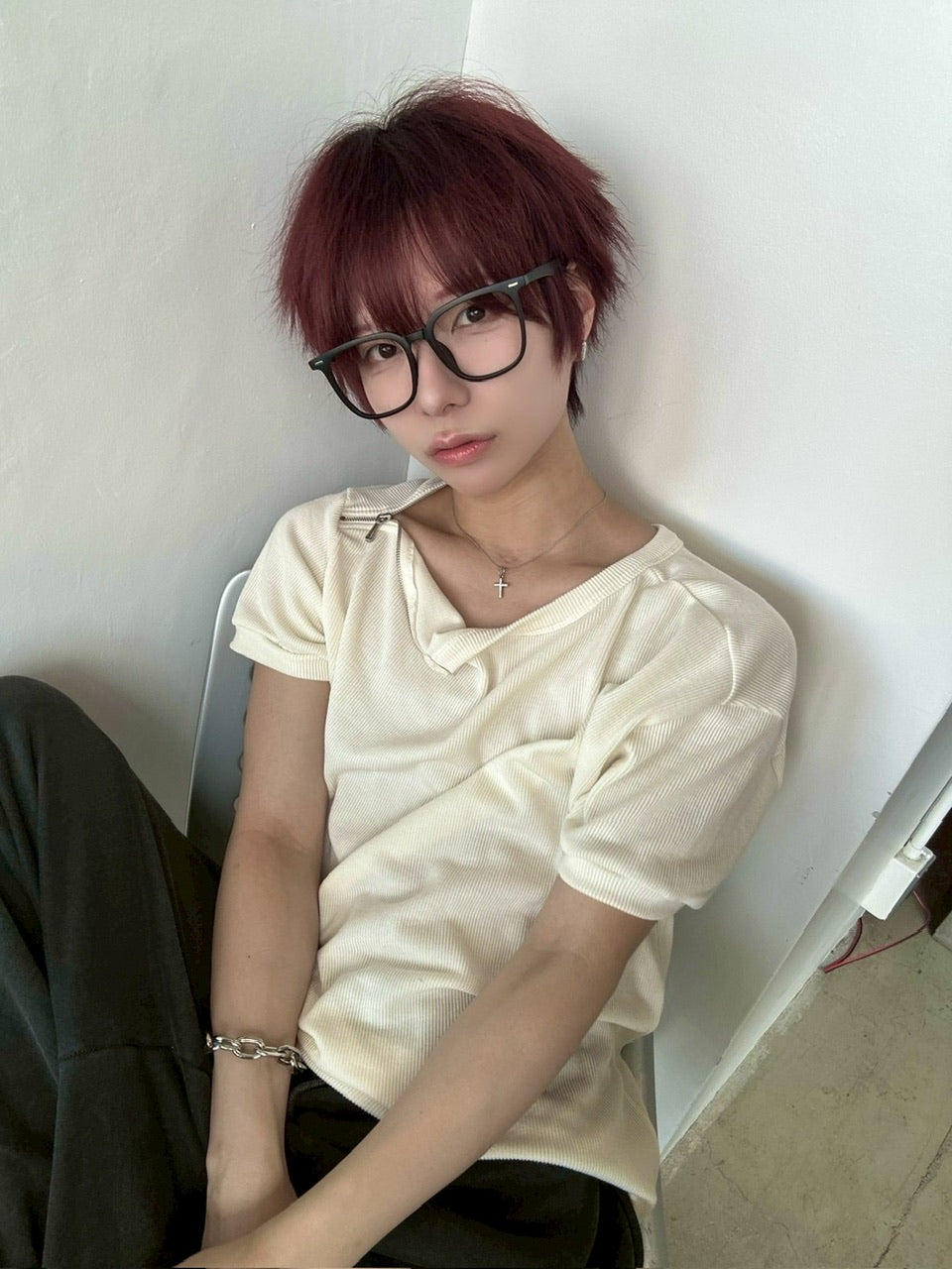 受注制【LUV CODE】shoulder zip half sleeve knit (3color)