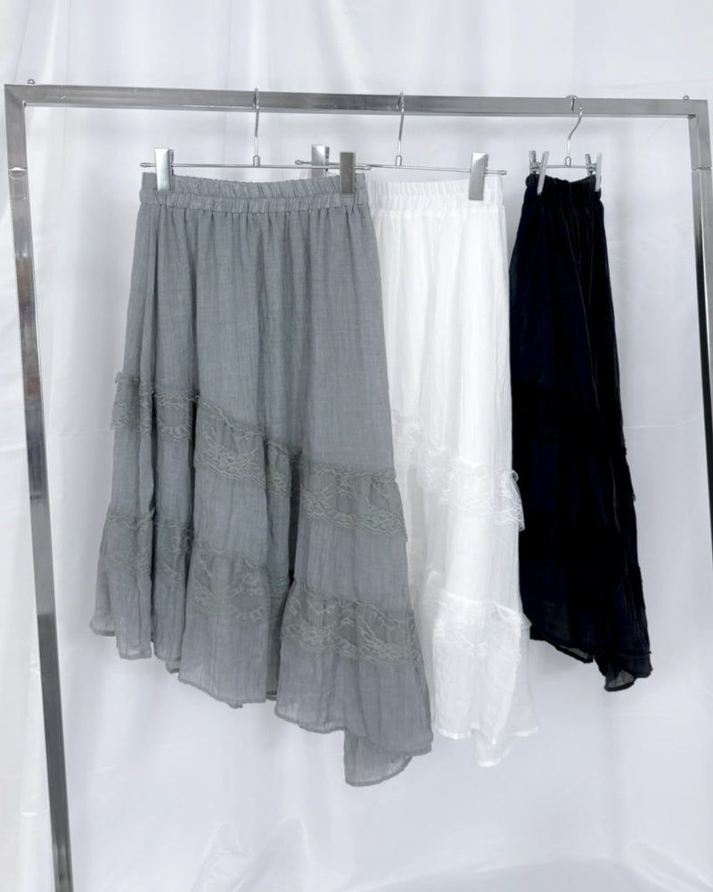 国際配送【Nerd out XU】unbalance long frill skirt (3color) / 【ナードアウトエックスユー】アンバランスロングフリルスカート