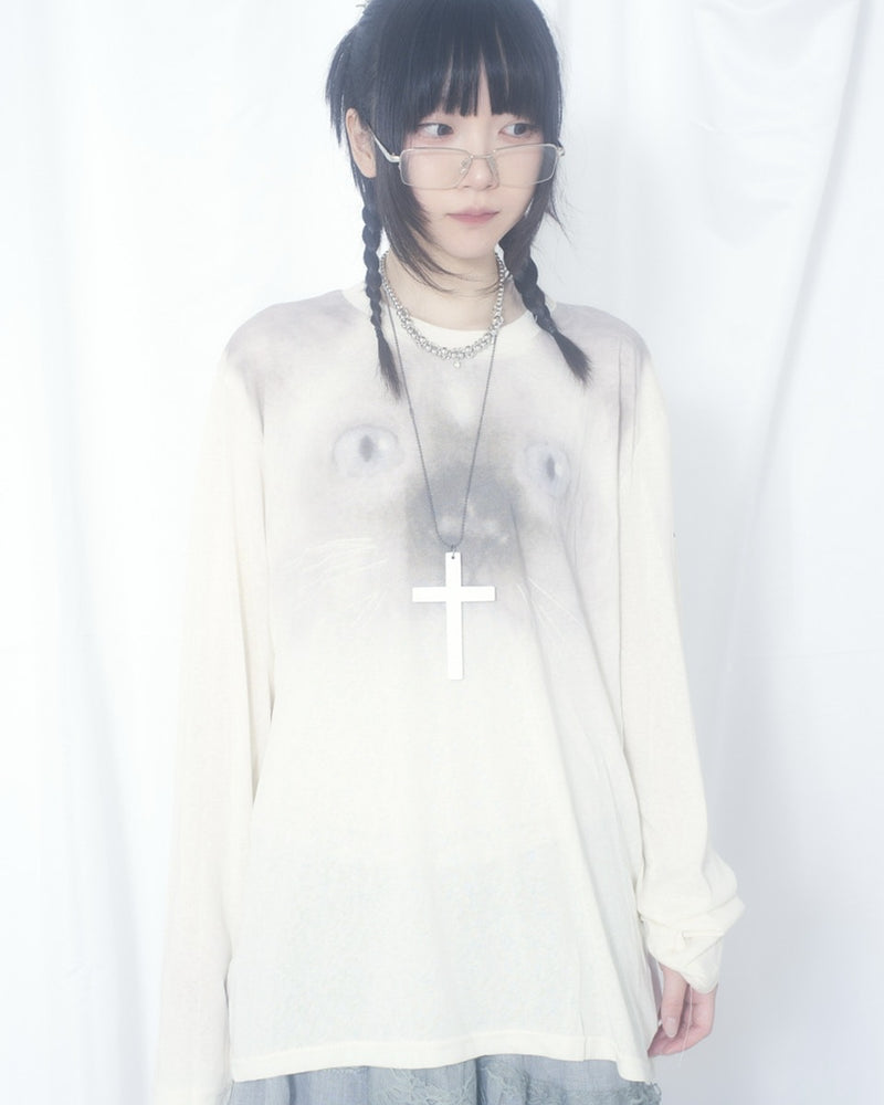 国際配送【Nerd out XU】cat face sheer long sleeve / 【ナードアウトエックスユー】キャットフェイスシアー長袖Tシャツ