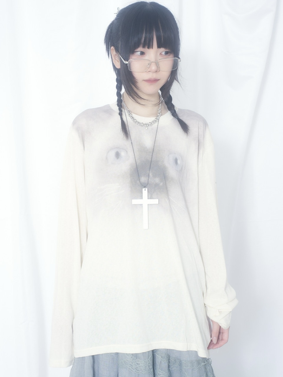 国際配送【Nerd out XU】cat face sheer long sleeve / 【ナードアウトエックスユー】キャットフェイスシアー長袖Tシャツ